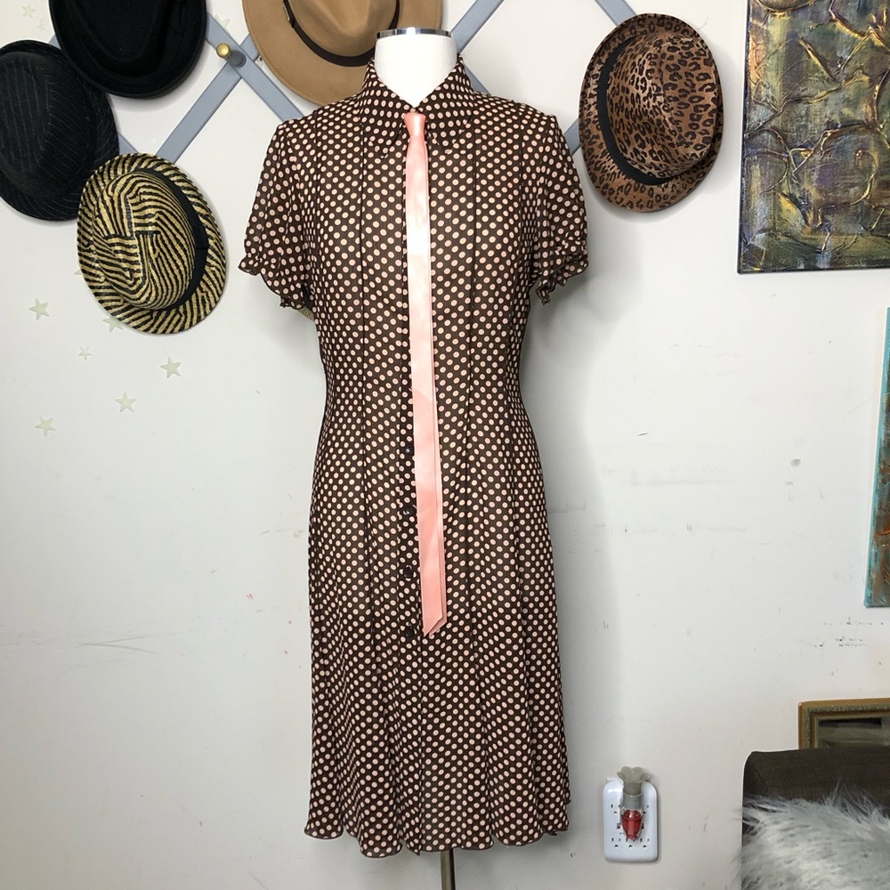 Sandra Darren peach and brown polkadot dress - Picture 1 of 6